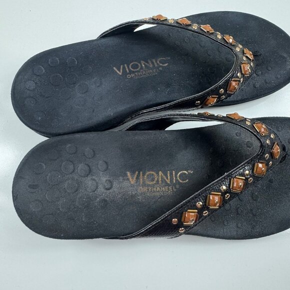 Vionic Floriana Sandals Size 7 Black Beaded Thong Croco Orthotic Comfort Beachy - Picture 4 of 8